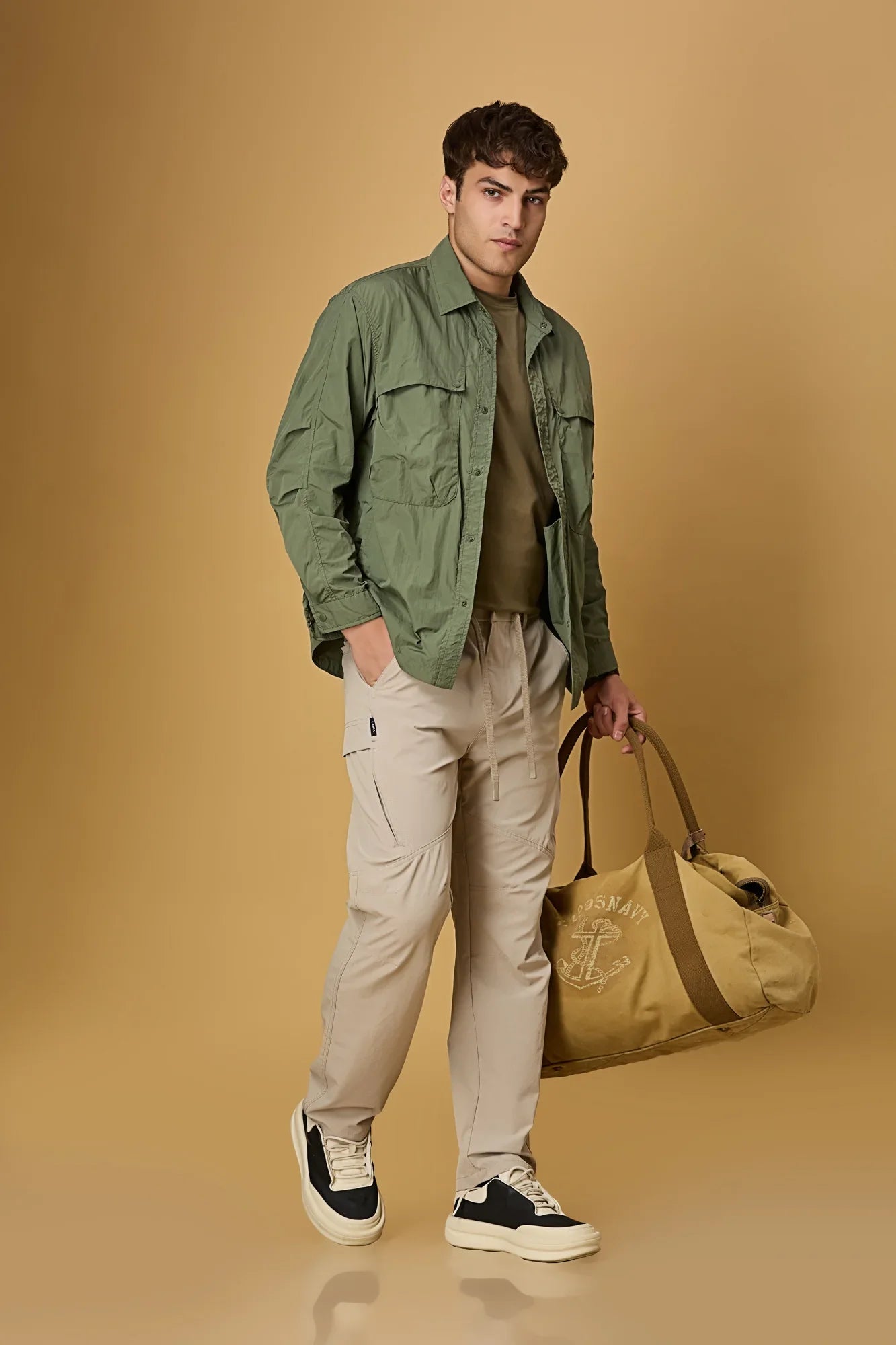 LOFA khaki comfort fit trousers styled for men – stretchable and casual look.