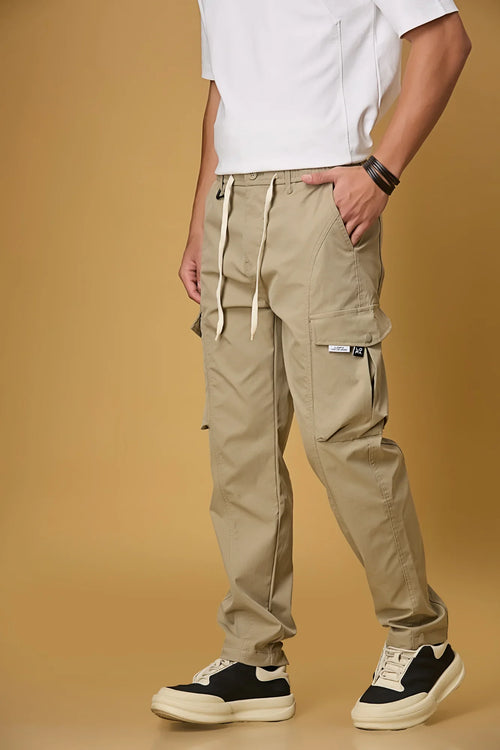 Coffee Khaki pants side view showing double cargo pockets and relaxed fit.