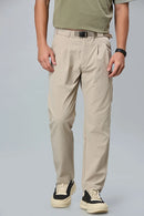 Men’s khaki polyester trousers front view – comfort fit with double pleats and belt.