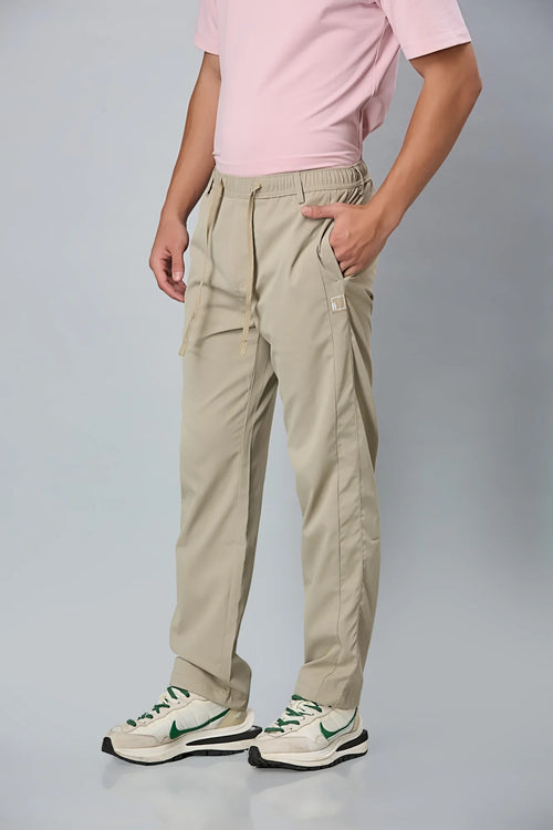 Side View of LOFA khaki Comfort Fit Polyester Trousers with Waist Strings