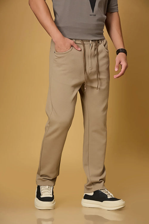 Side View of Khaki Relaxed Fit Trousers with Waist String – LOFA
