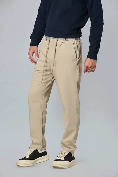 Side View of Light Khaki Comfort Fit Trousers with Waist Strings – LOFA