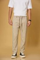 Men’s light khaki Tencel-cotton trousers front view – comfort fit with press button and waist string.