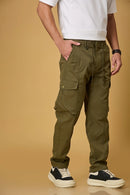 Coffee Mehndi Green pants side view showing double cargo pockets and relaxed fit.