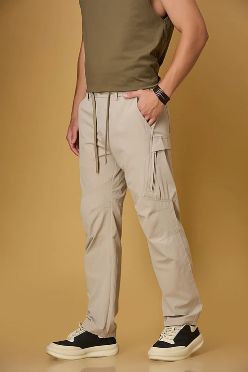Khaki stretchable trousers side view showing two side pockets and relaxed fit.