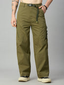 Men's baggy Tencel cargo pants with attached adjustable belt – front view