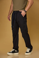 Navy Blue stretchable trousers side view showing two side pockets and relaxed fit.