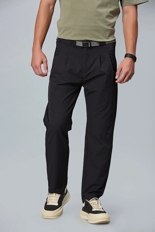 Men’s Navy Blue polyester trousers front view – comfort fit with double pleats and belt.