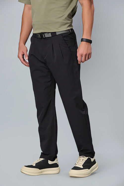Navy Blue stretchable trousers side view showing comfort fit and pleated front.