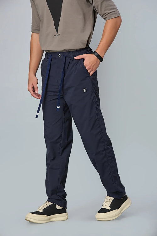 Side View of LOFA Dark Blue Comfort Fit Trousers with Waist String