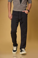 LOFA Men’s Navy Blue Relaxed Fit 4-Way Stretch Trousers Front View
