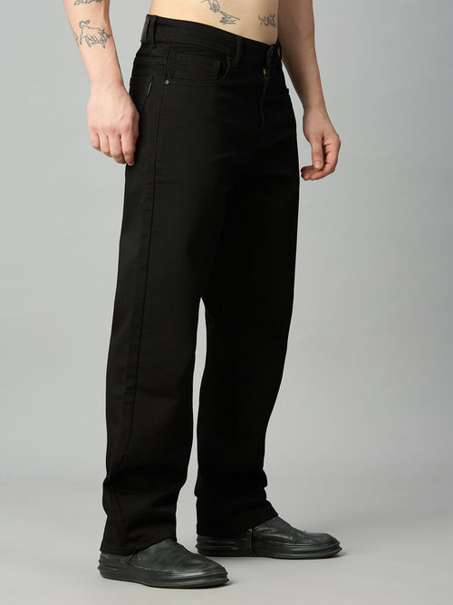 Men's relaxed baggy black stretch denim jeans for everyday comfort – right side view