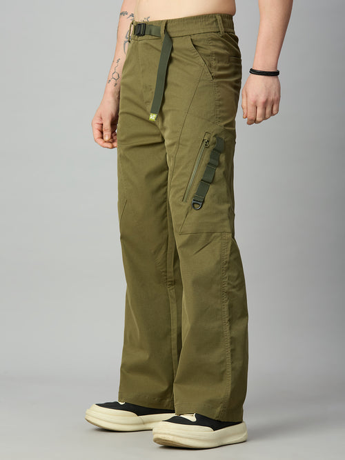 Men's premium Tencel cargo pants featuring utility pockets and relaxed baggy fit – left side view