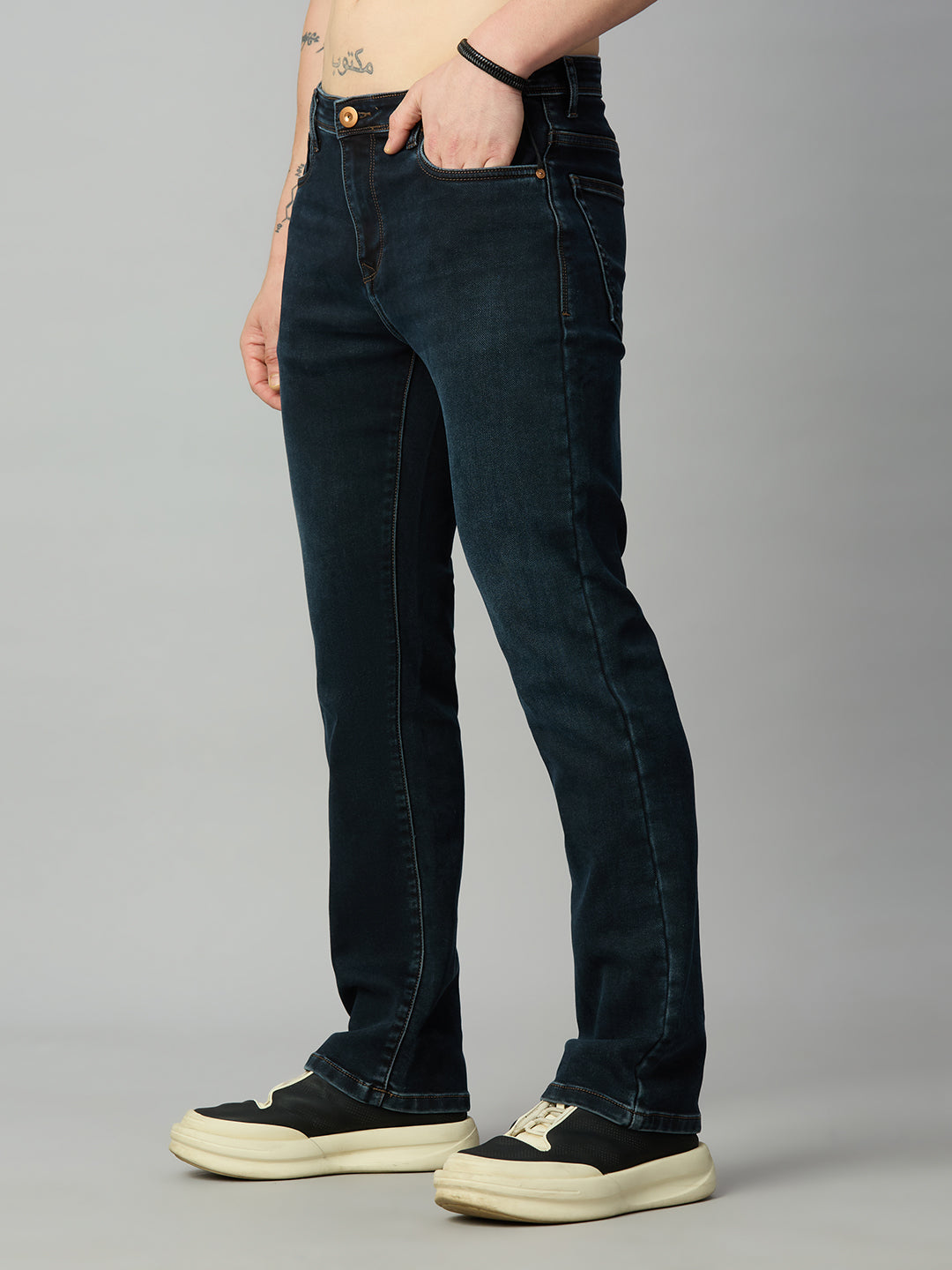 Men's straight fit dark wash stretch denim jeans for everyday comfort – right side view