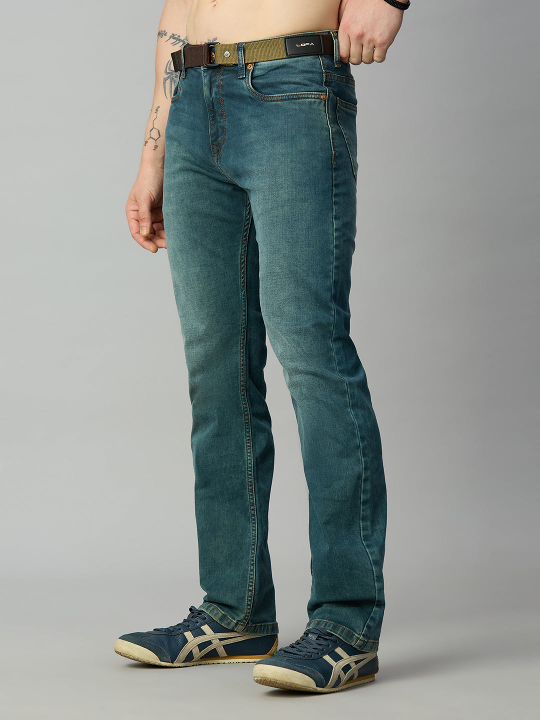 Premium light blue-green straight fit denim jeans with built-in web belt – left side view