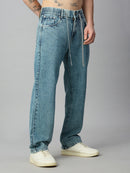 Premium light blue washed baggy jeans for men with elastic waist and drawstring – left side view