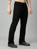Premium pitch black straight fit stretch denim jeans for men with a minimalist design – left side view