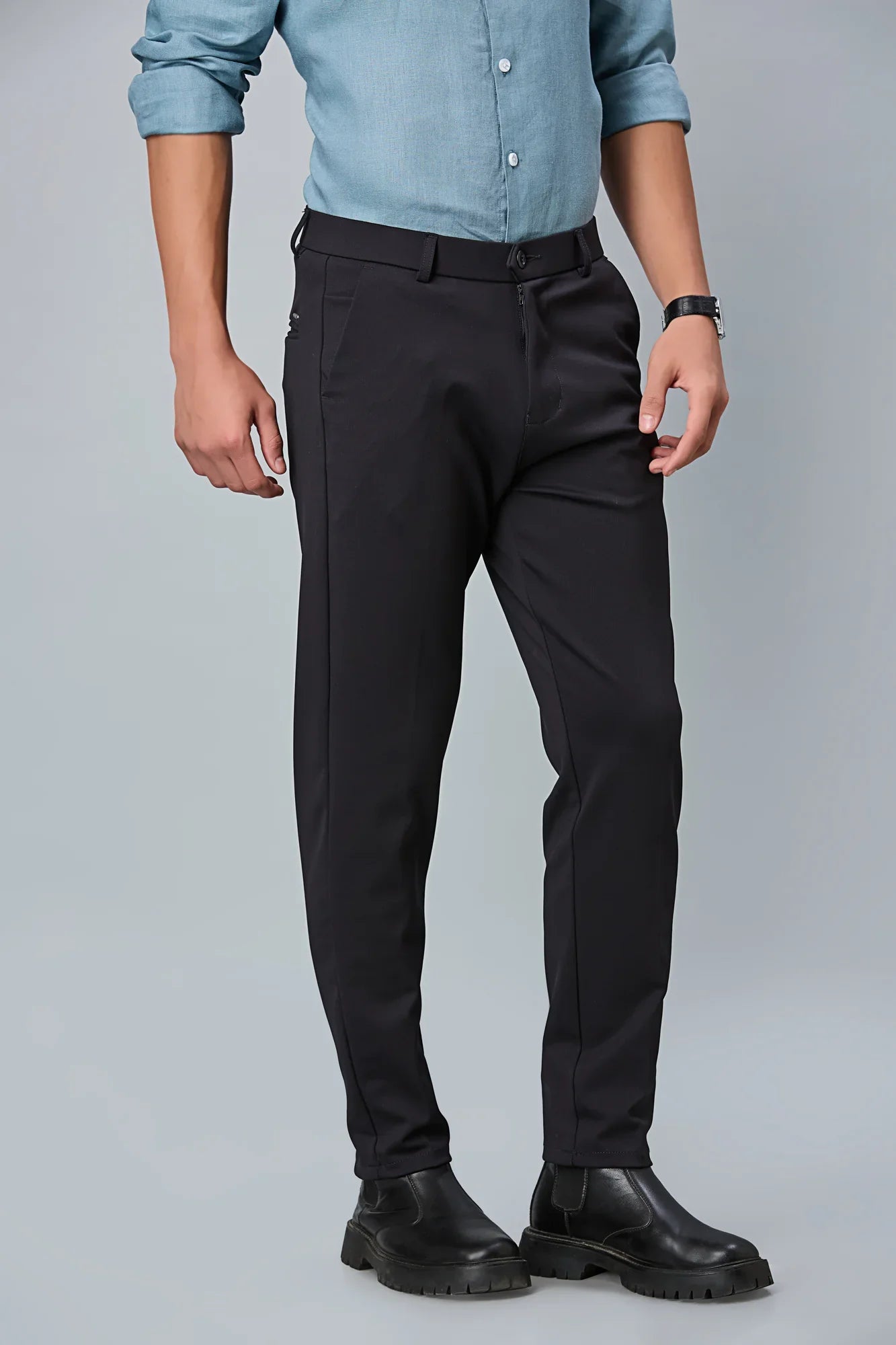 Side view of LOFA men’s stretchable formal trousers – modern slim fit with premium nylon–cotton–spandex fabric.