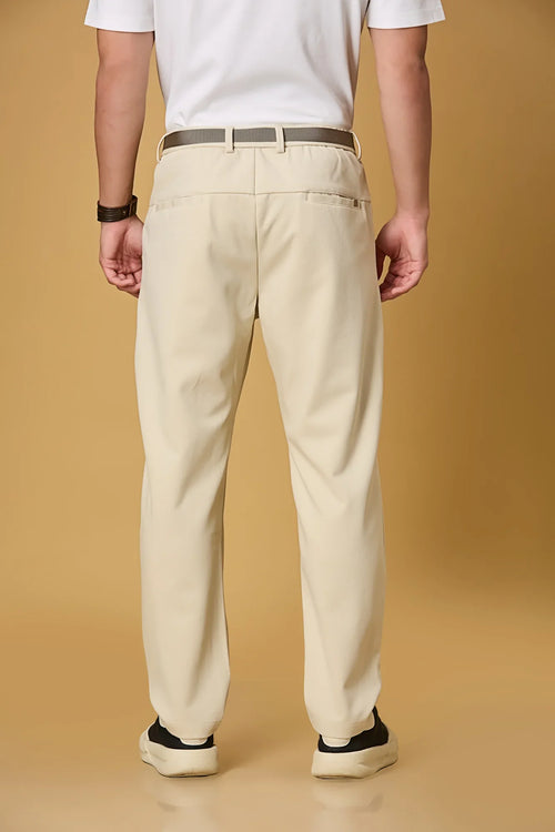 Back view of LOFA beige straight fit formal trousers – clean seams, tailored back pockets, and premium stretch fabric.