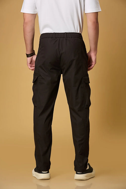 Men’s black trousers back view – casual fit polyester pants.