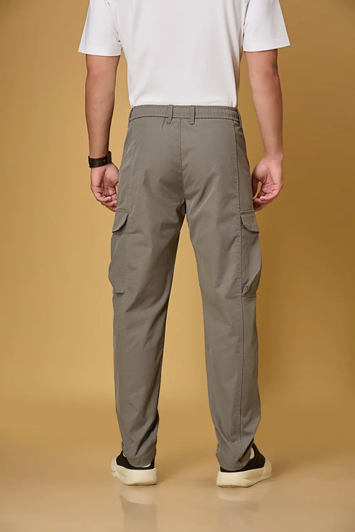 Men’s grey trousers back view – casual fit polyester pants.