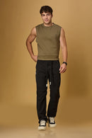 Men wearing LOFA black polyester pants – relaxed and stylish everyday outfit.