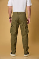 Men’s Mehndi Green cargo trousers back view – casual fit polyester pants.