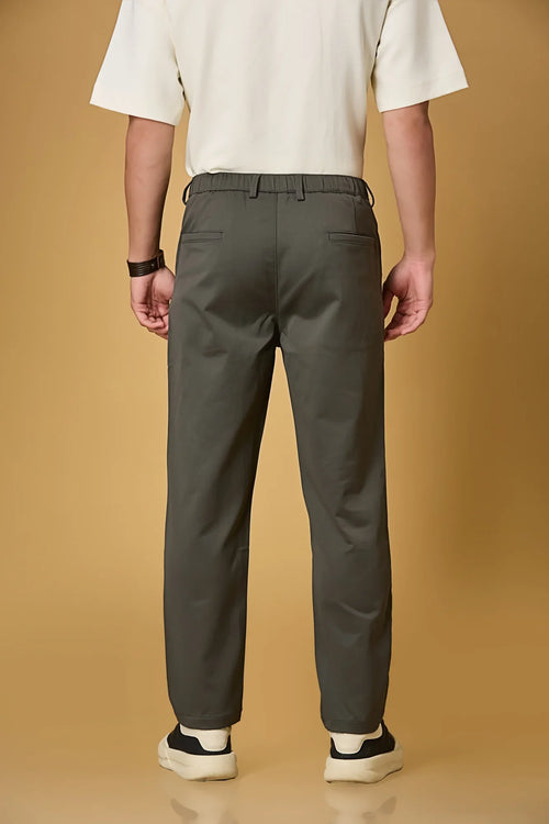 Men’s grey casual trousers back view – smooth polyester comfort fabric.