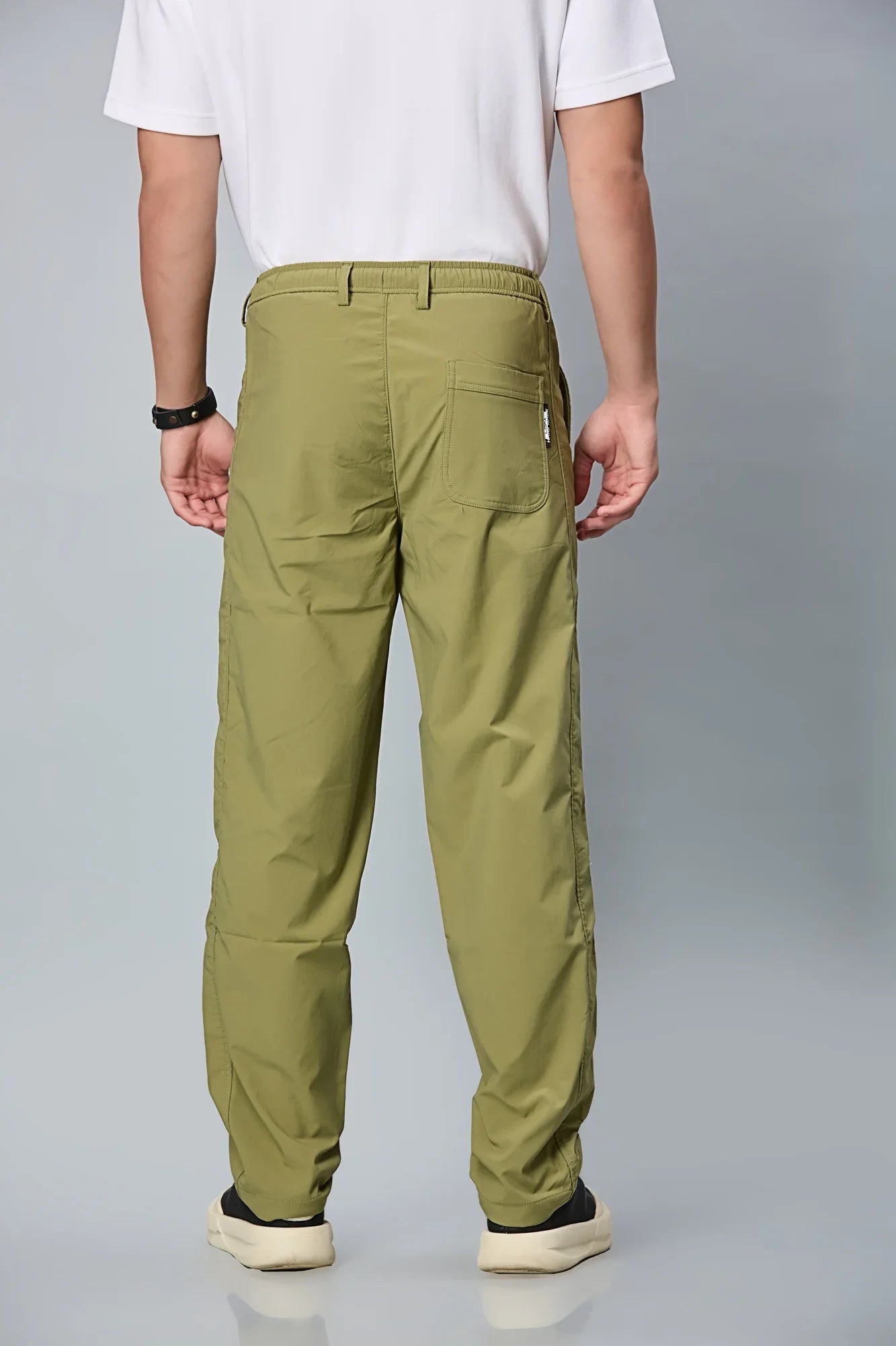 Back View of LOFA Men’s Mehndi Green Polyester Comfort Fit Trousers – Casual Stretch Pants