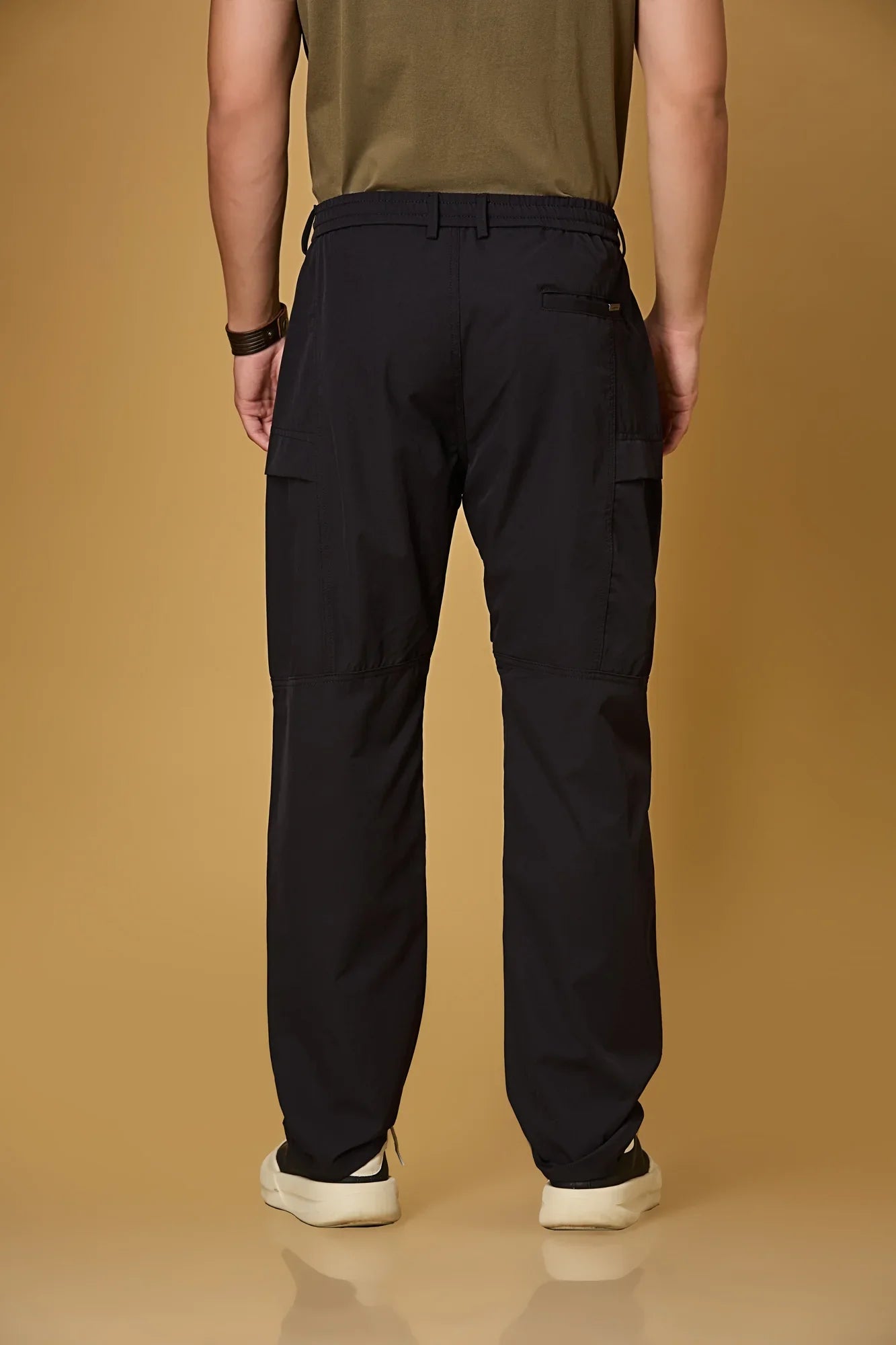 Men’s Navy Blue casual pants back view – polyester stretch fabric comfort fit.
