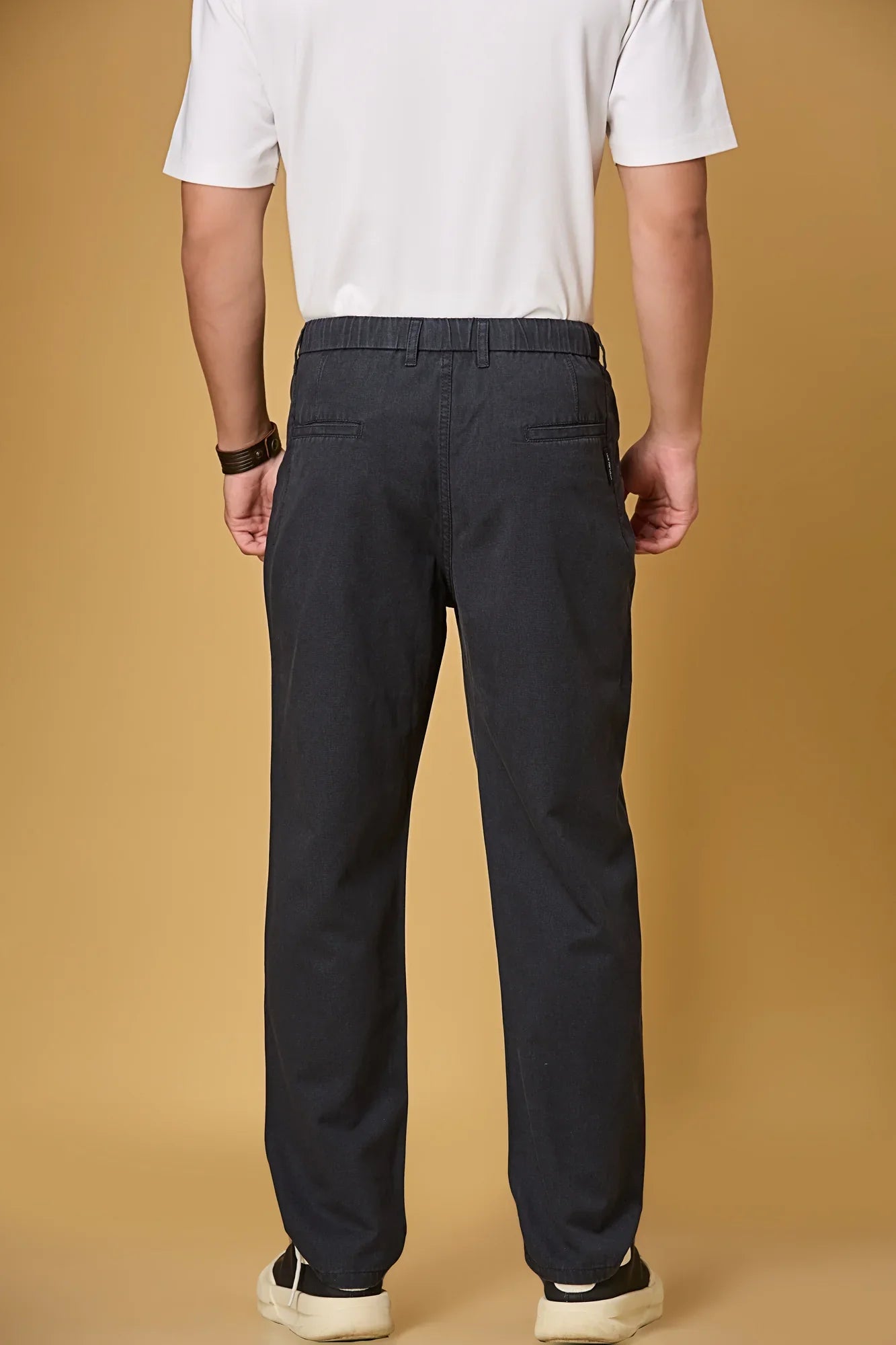 Men’s navy blue comfort fit trousers back view – soft Tencel-cotton blend.