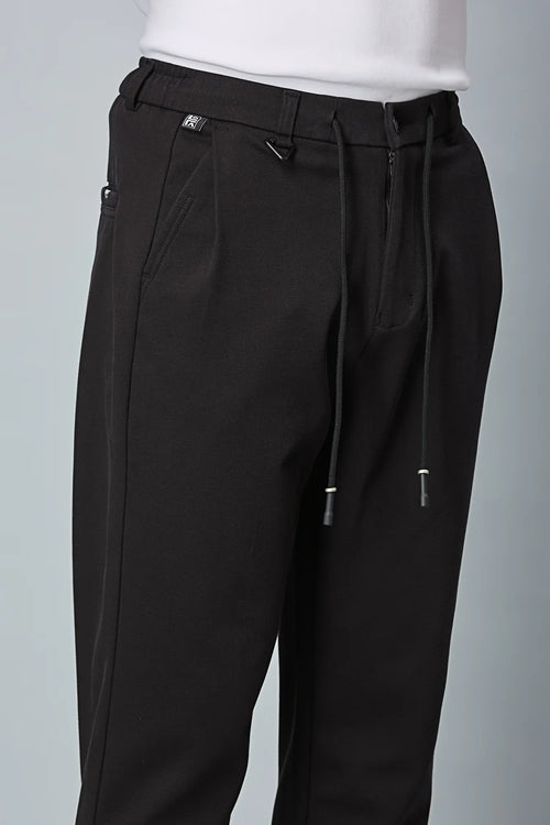 Triangle Ring and Waist String Detail on LOFA Men’s black Relaxed Fit Trousers