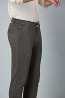 Close-up of cotton–polyester–spandex fabric showing fine stitching and smooth stretch texture of LOFA grey formal trousers.