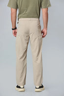 Men’s khaki formal trousers back view – 100% polyester with elastic waist.