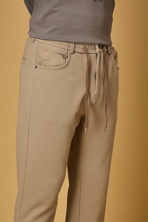 Waist String & Fabric Texture Detail on LOFA Men’s khaki 4-Way Stretch Trousers