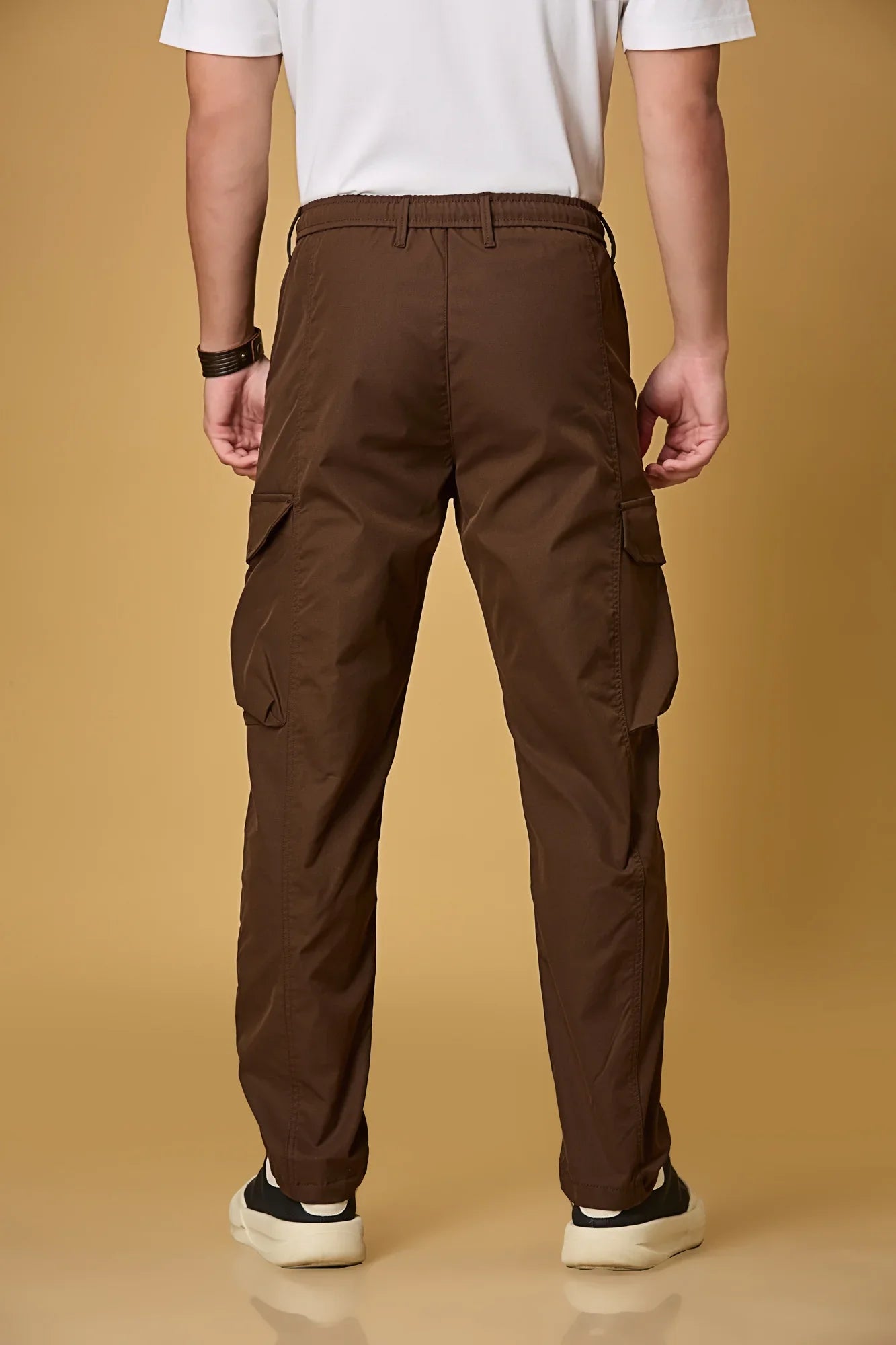 Men’s Coffee Brown cargo trousers back view – casual fit polyester pants.