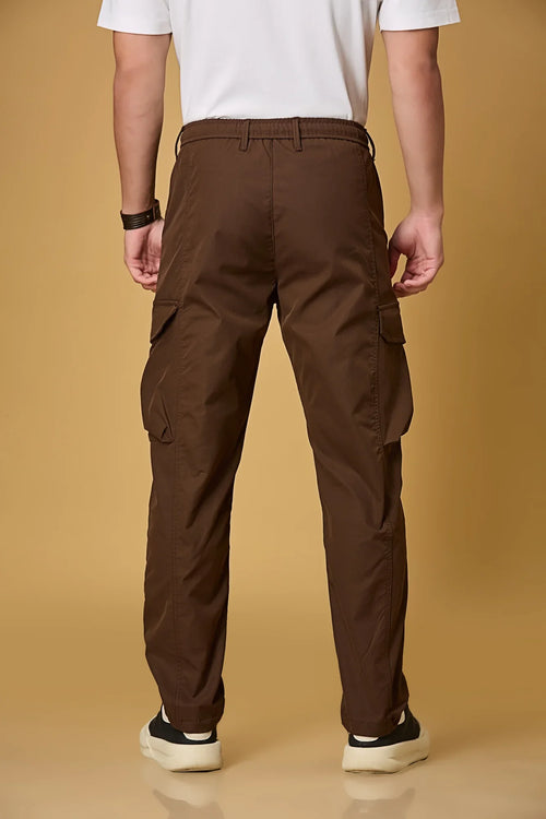 Men’s Coffee Brown cargo trousers back view – casual fit polyester pants.