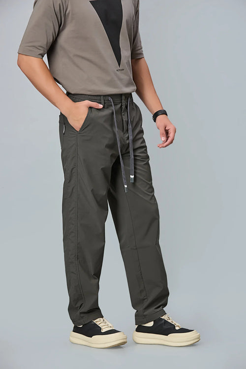 Side View of LOFA Dark Grey Comfort Fit Trousers with Waist String