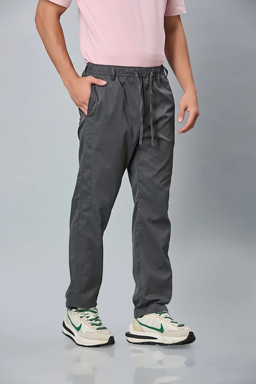 Side View of LOFA Dark Grey Comfort Fit Polyester Trousers with Waist Strings