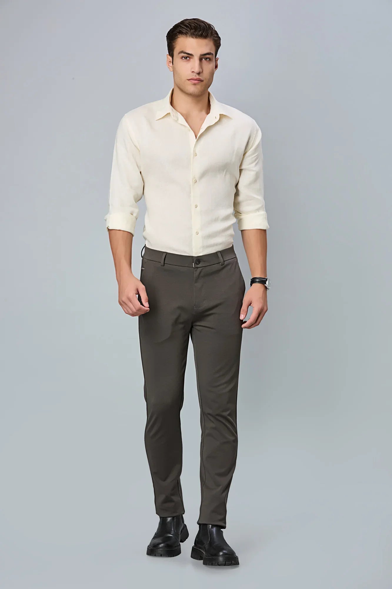 Full outfit look with LOFA grey slim fit formal trousers – paired with shirt and shoes for a refined office style.