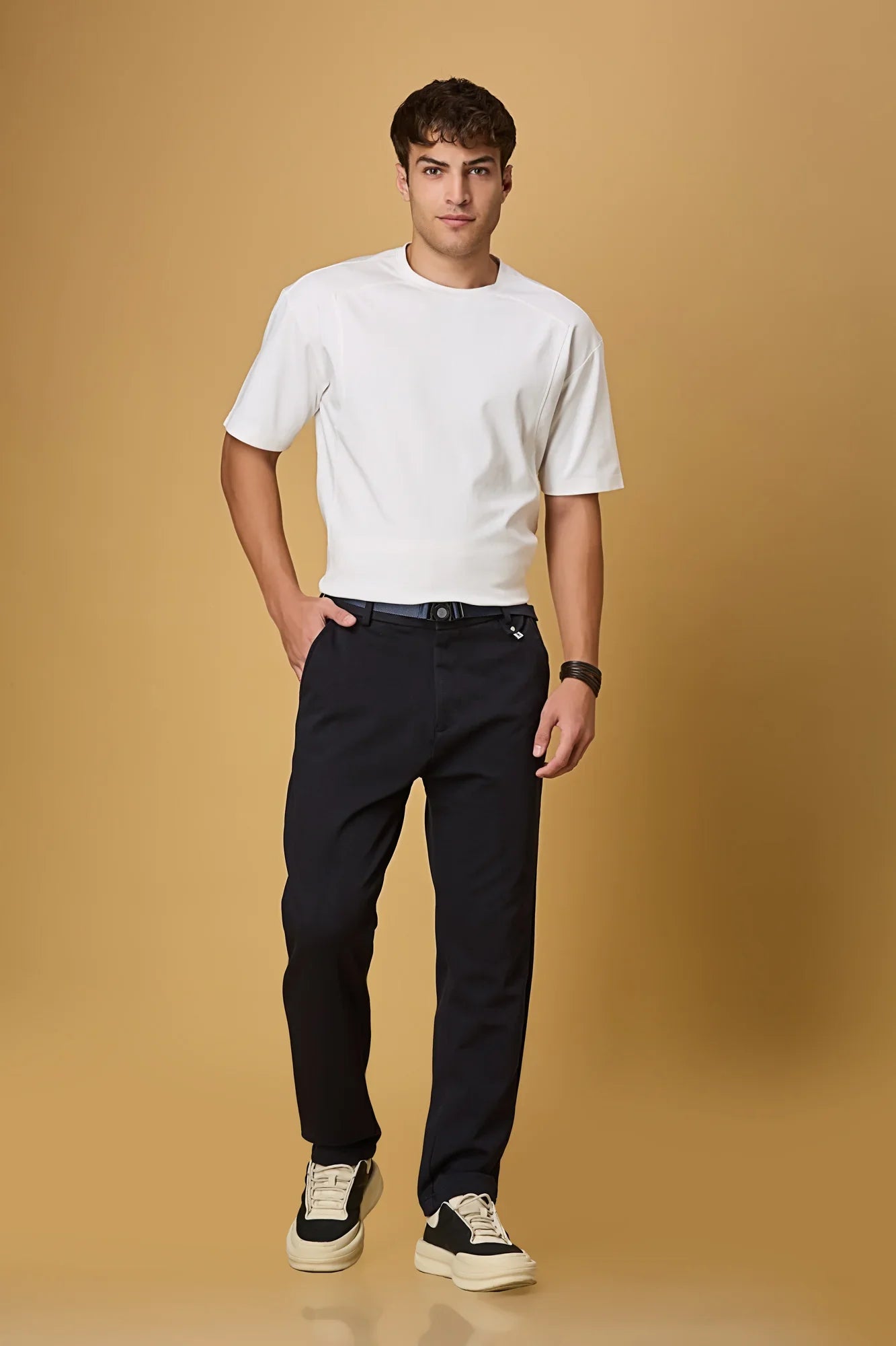 Model wearing LOFA navy blue straight fit stretchable trousers – effortless comfort and timeless style for modern professionals.