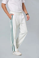 Side view of men’s white straight-fit active trousers – LOFA lightweight stretchable pants for casual and active wear.