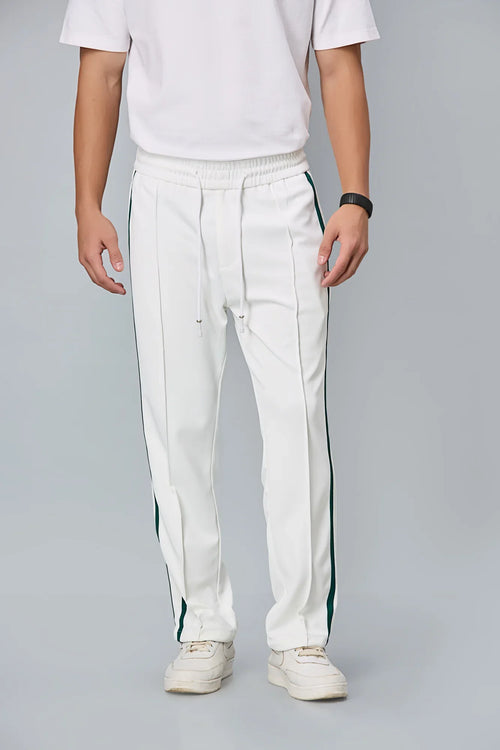 Front view of LOFA men’s white straight-fit active pants – stretchable polyester spandex blend with smooth finish.