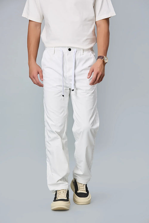 LOFA Men’s White Comfort Fit Polyester Trousers Front View – Stretchable Smooth Fabric