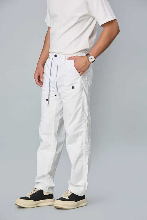 Side View of LOFA White Comfort Fit Trousers with Waist String