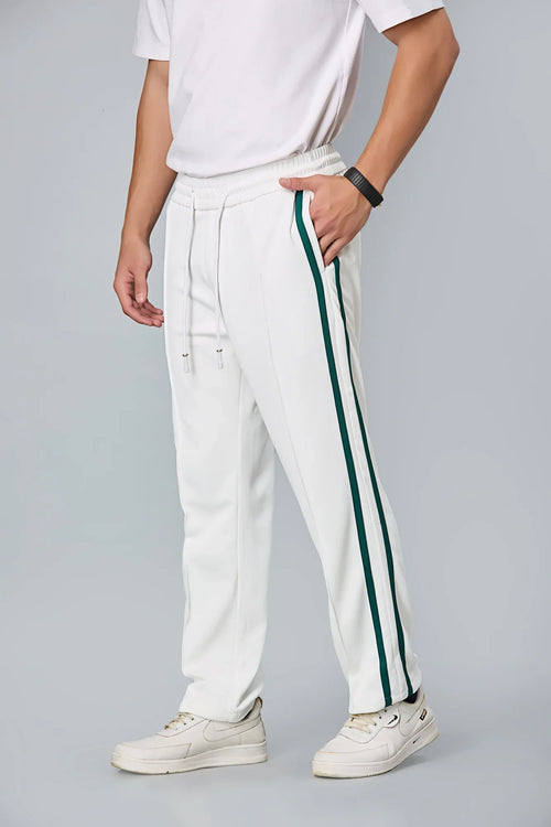 Side view of men’s white straight-fit active trousers – LOFA lightweight stretchable pants for casual and active wear.